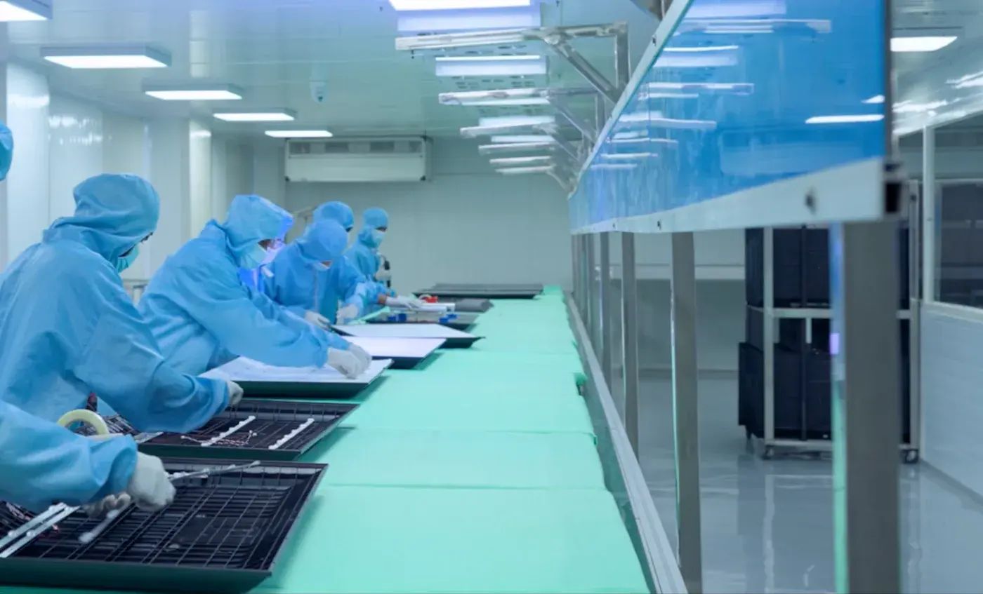 Technicians in cleanroom suits assembling LED television panels
